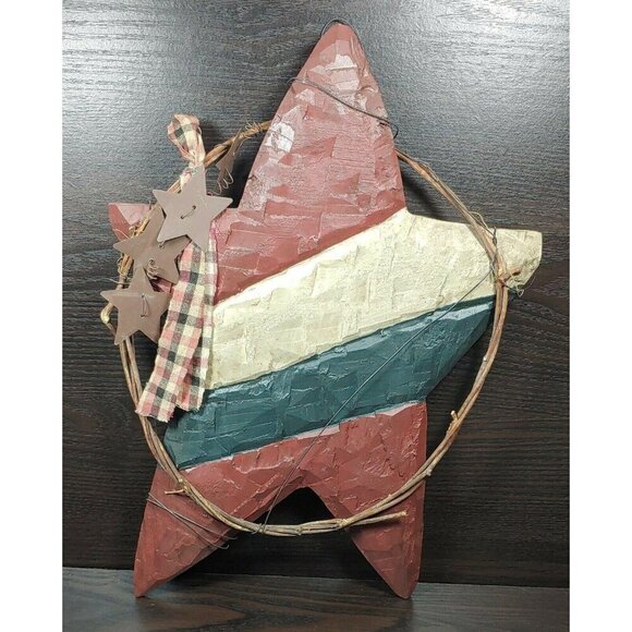Rustic Vintage Wooden Star Wall Decor With Metal Stars & Plaid Ribbon Patriotic - Picture 3 of 10